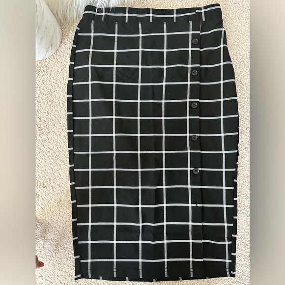 Plaid Pencil Midi Skirt Elastic High Waist Button Stretchy with Slit Size: M - Picture 6 of 8